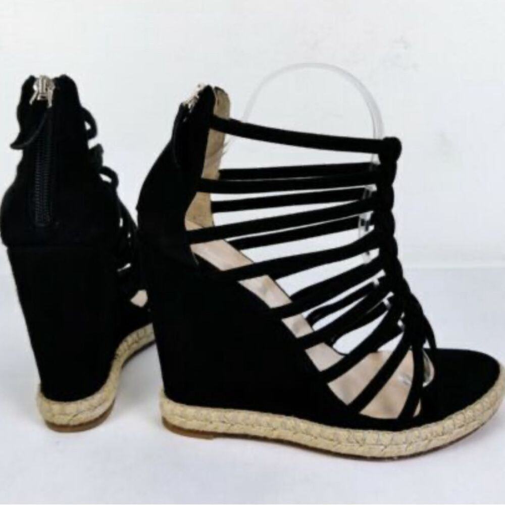 JEAN MICHEL CAZABAT ESPADRILLES WEDGE PLATFORM BLACK SUEDE SHOES SIZE 38 1/2